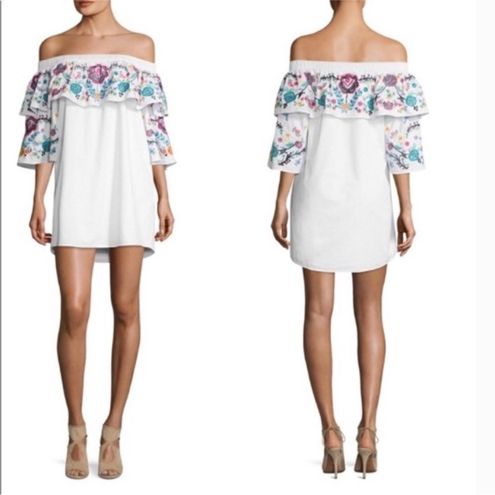 Parker Off-Shoulder White Dress with Embroidered Floral Details